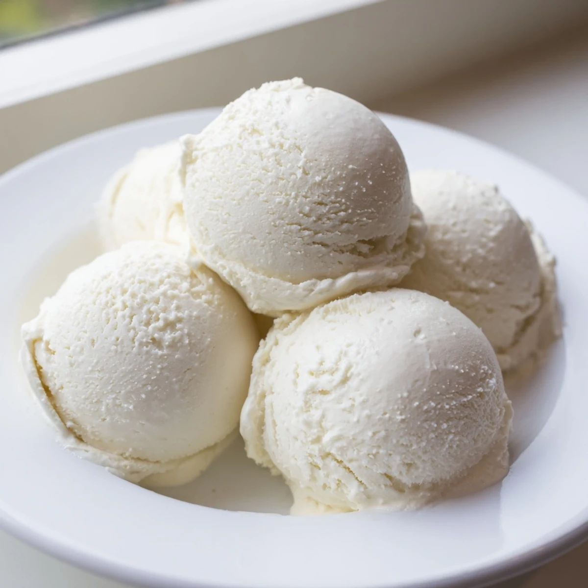 Smooth pale vanilla ice cream swirled in a decorative serving bowl garnished with mint sprig