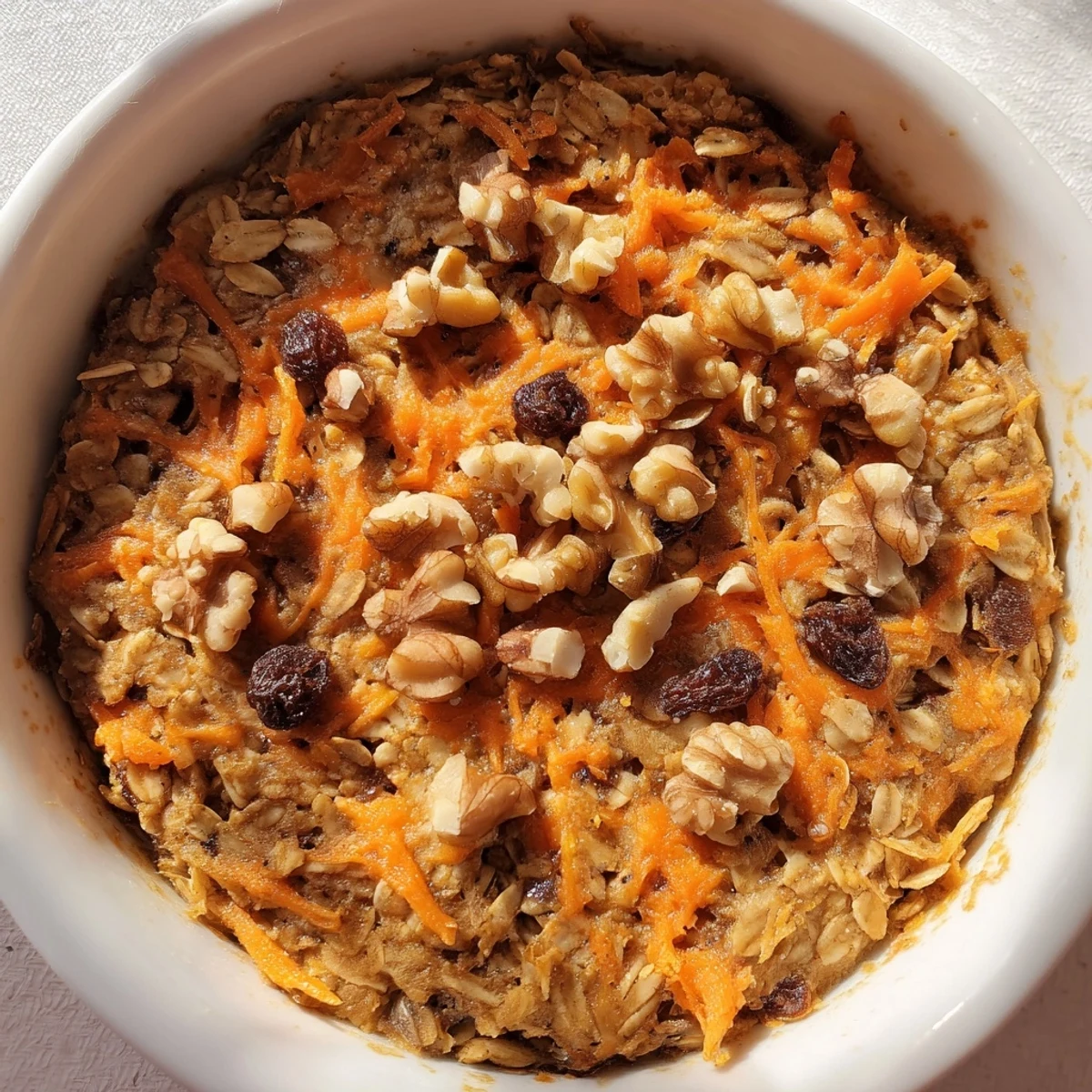 Golden carrot cake baked oatmeal speckled with grated carrots, raisins, and chopped walnuts