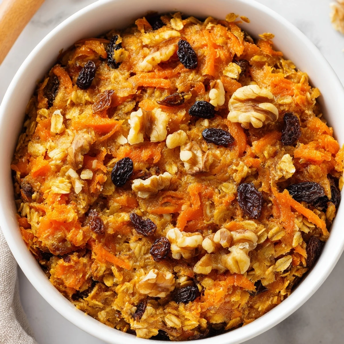 Sliced square of carrot cake baked oatmeal showing spiced oats with carrot flecks