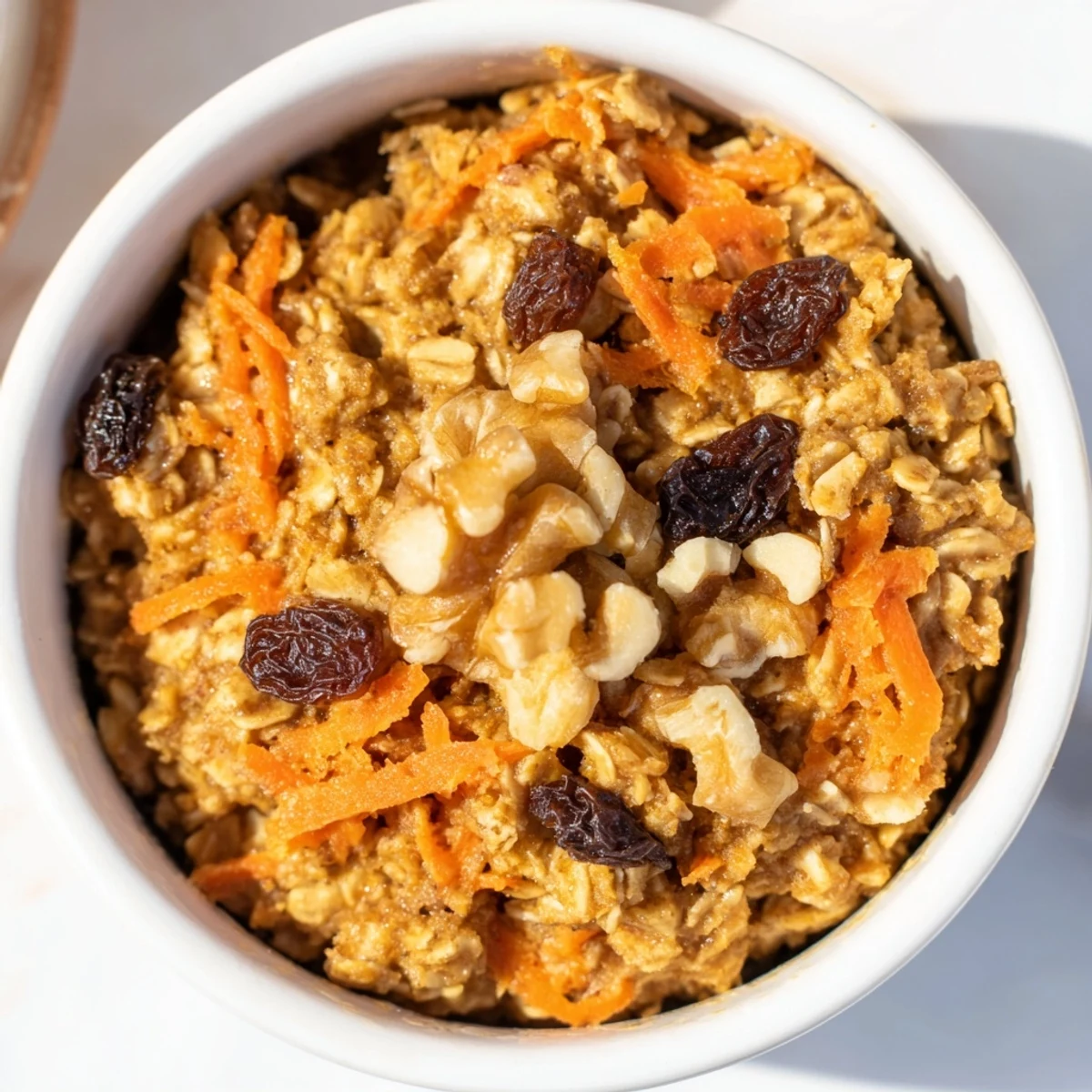 Warm serving of carrot cake baked oatmeal topped with shredded coconut and maple drizzle