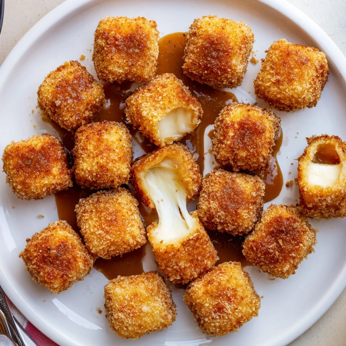 Irresistible Crispy Mozzarella Poppers With Maple Glaze glistening, golden crust and gooey center