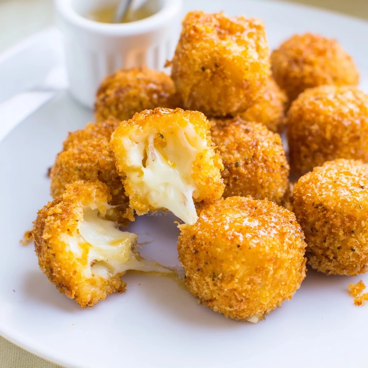 Gooey cheese pulling from golden bites of Irresistible Crispy Mozzarella Poppers With Maple Glaze