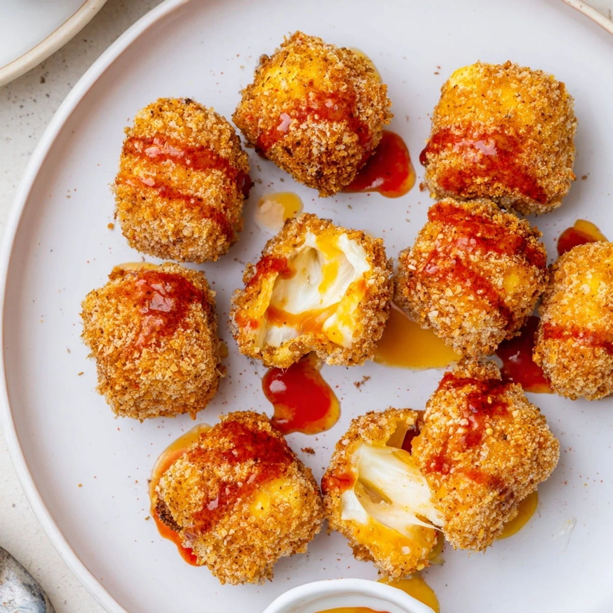 Plate of Irresistible Crispy Mozzarella Poppers With Maple Glaze drizzled warm, ready to share