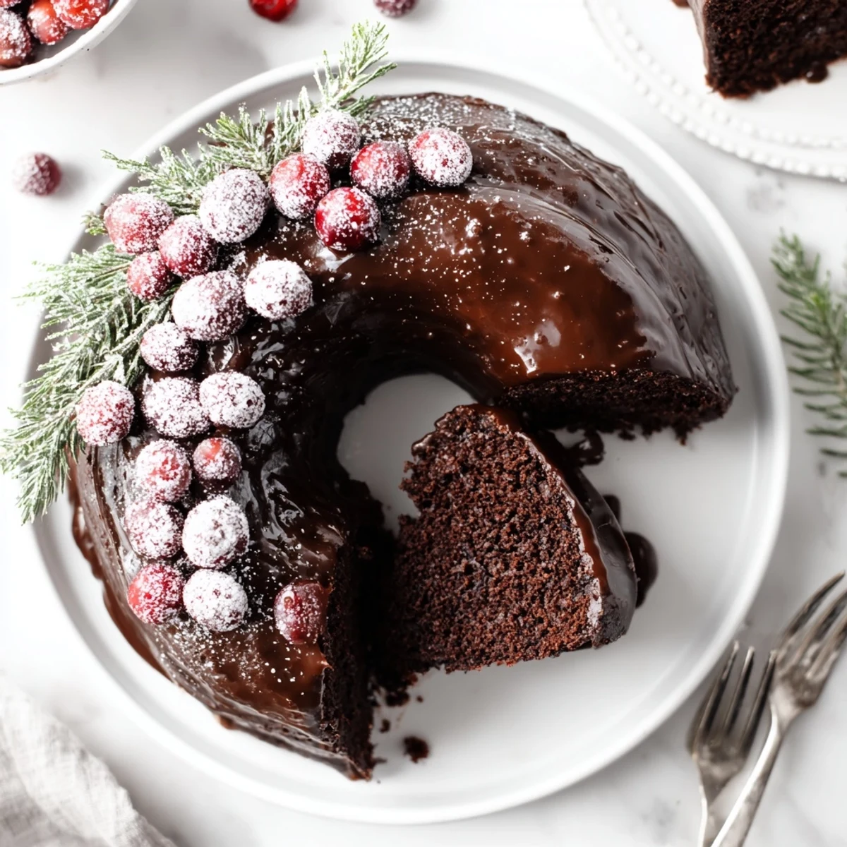 A slice of Chocolate Bundt Cake Christmas Wreath reveals moist, chocolatey crumb