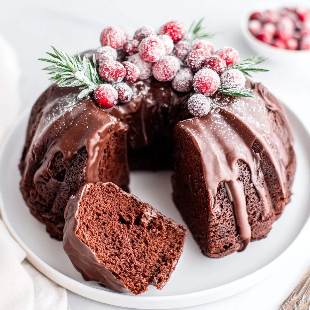 Chocolate Bundt Cake Christmas Wreath glazed, sugared cranberries and rosemary, glossy holiday centerpiece