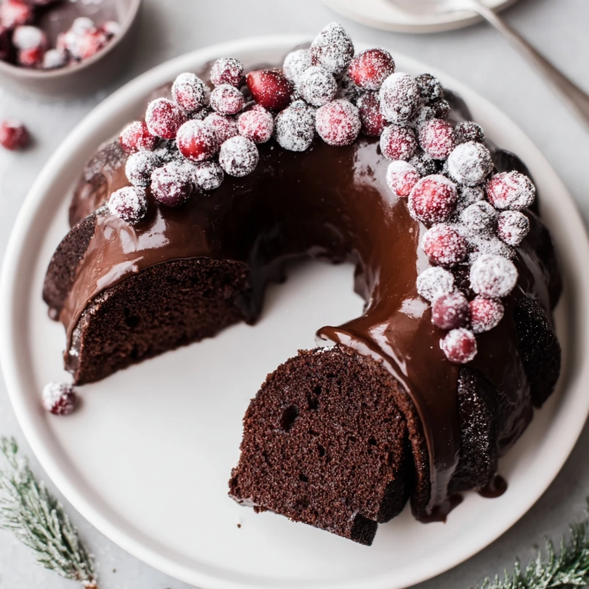 Chocolate Bundt Cake Christmas Wreath drizzled with warm chocolate glaze, ready to serve