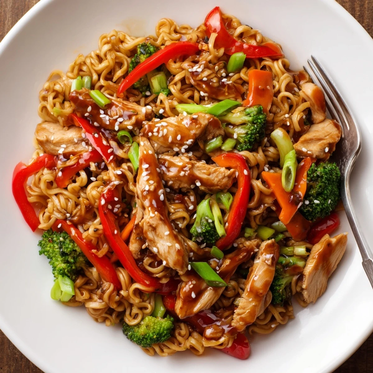 Bright Chicken Ramen Stir Fry tossed with crisp broccoli and crunchy carrots
