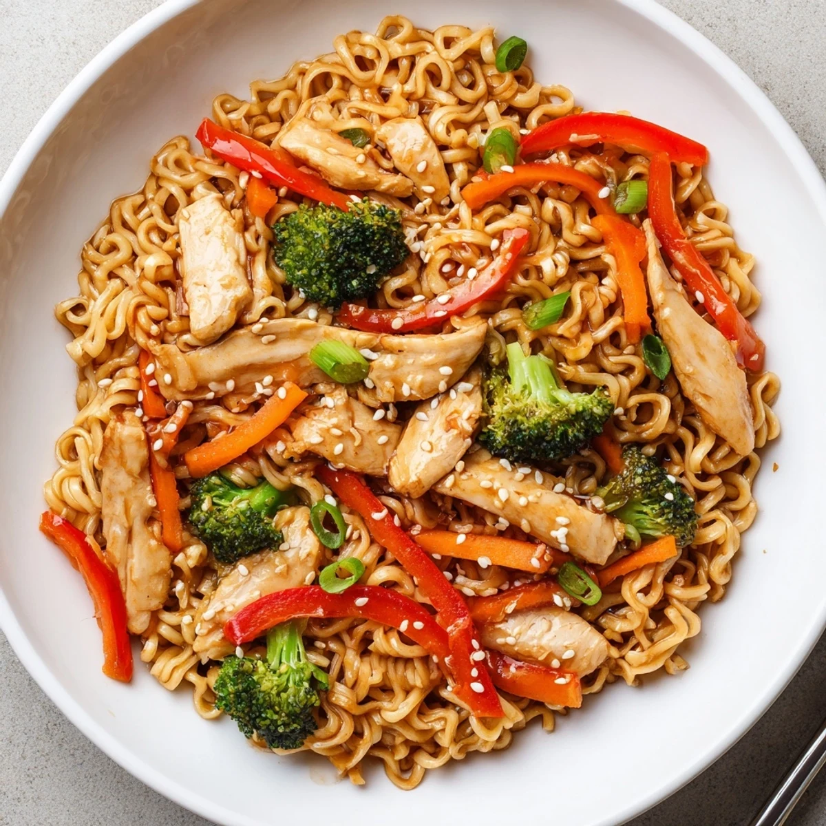 Chicken Ramen Stir Fry sizzling in a wok with glossy sesame sauce