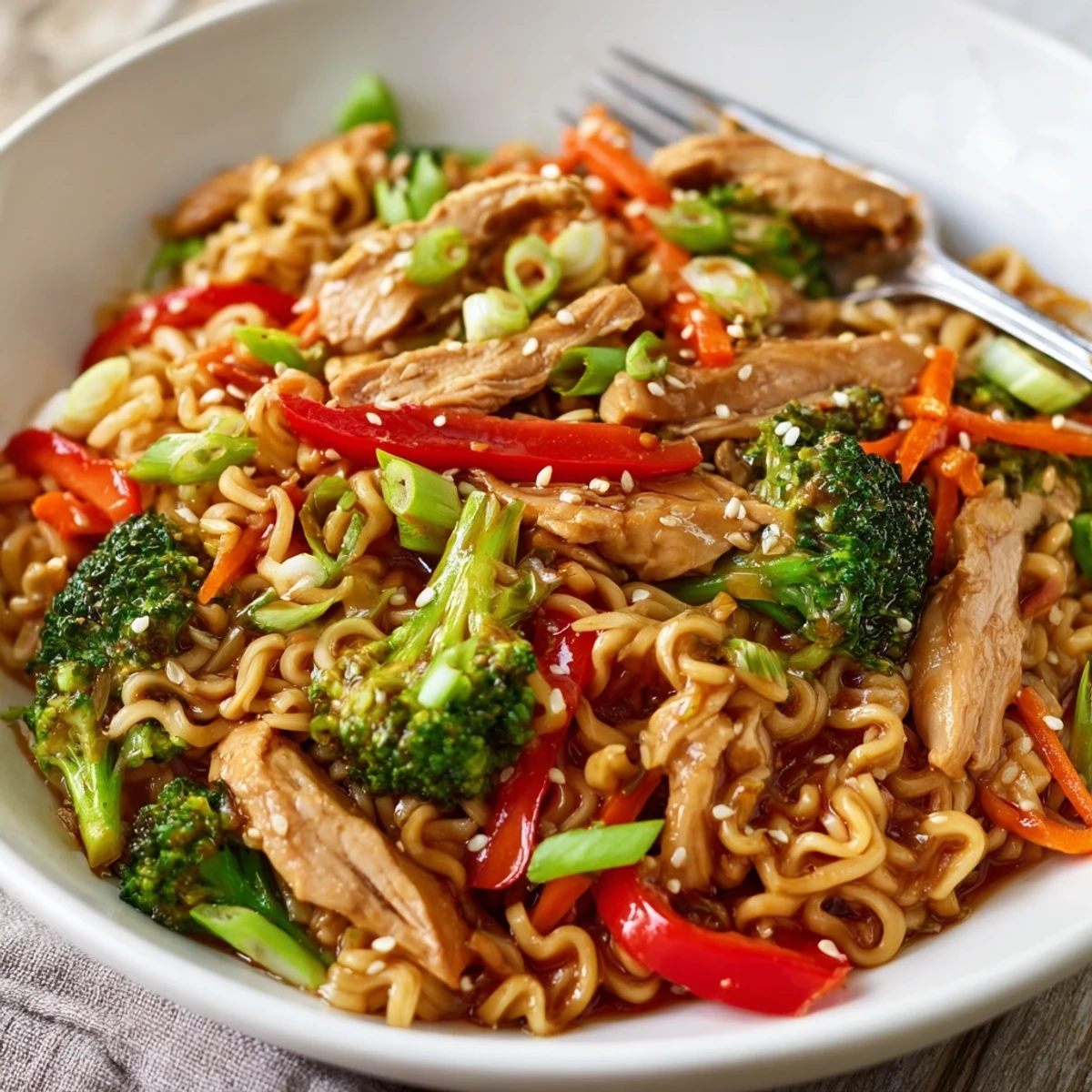 Serve steaming Chicken Ramen Stir Fry topped with toasted sesame seeds, scallions