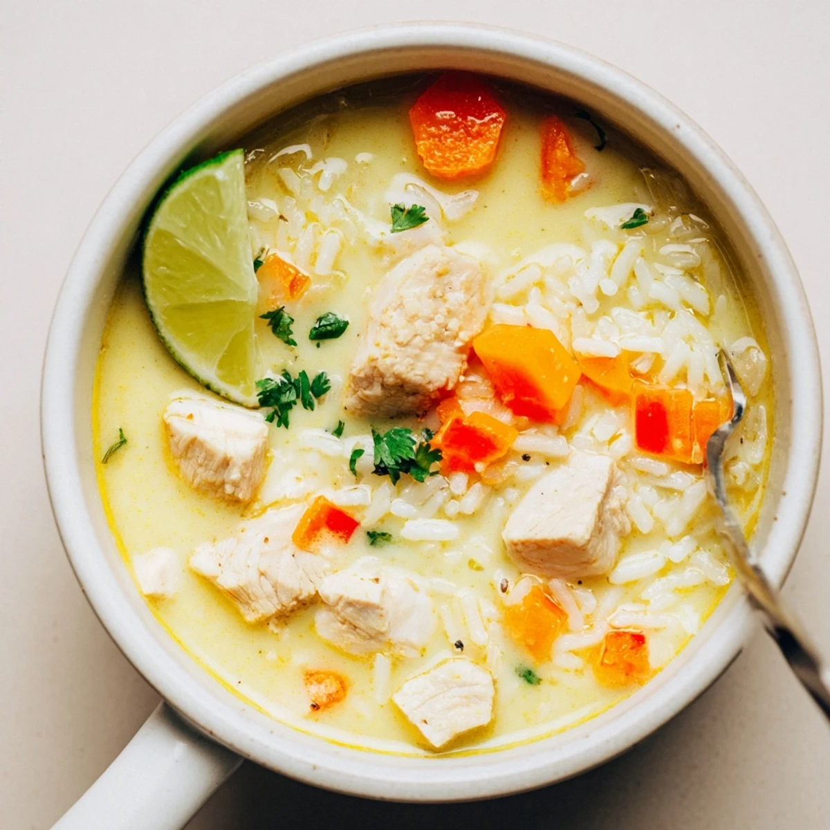 Golden Coconut Chicken Rice Soup steaming in a bowl, creamy turmeric aroma  