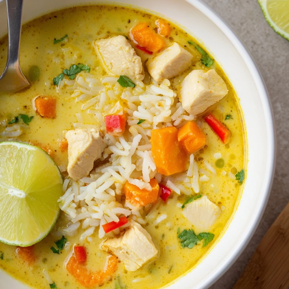 Golden Coconut Chicken Rice Soup ladled from Dutch oven, fragrant ginger and turmeric
