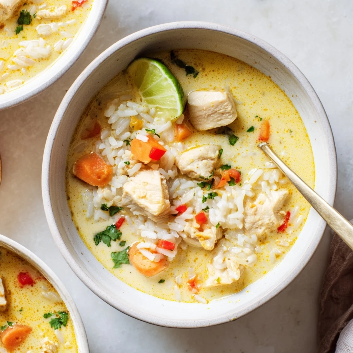 Spoonful of Golden Coconut Chicken Rice Soup with lime, cilantro garnish  