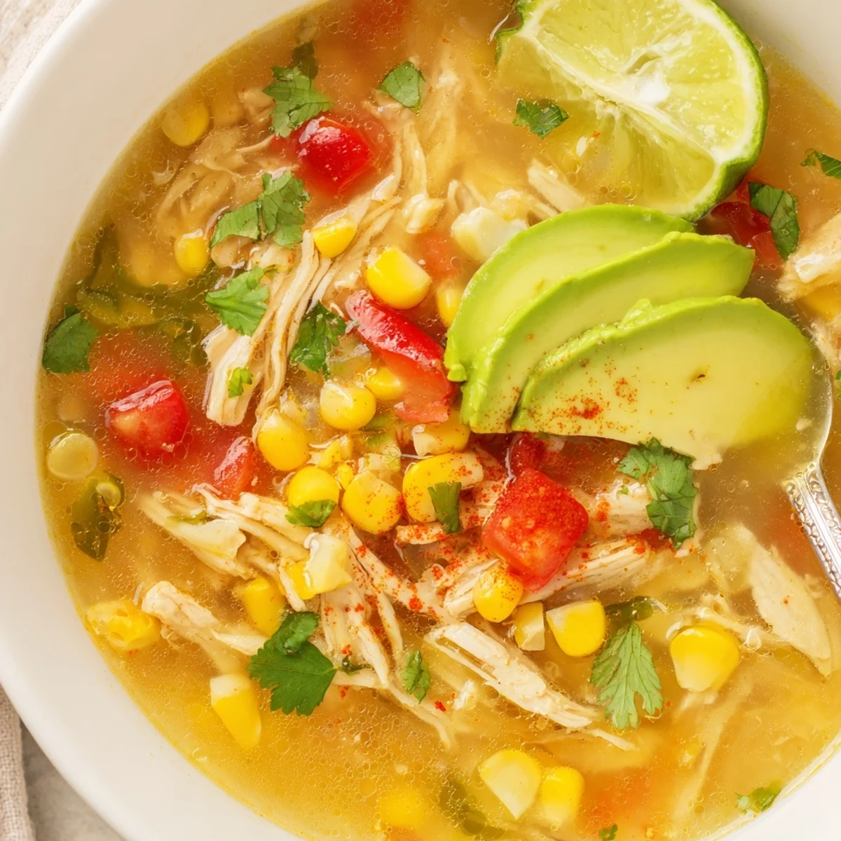 Steaming bowl of Bold Zesty Chicken Lime Soup Recipe with cilantro and lime wedge
