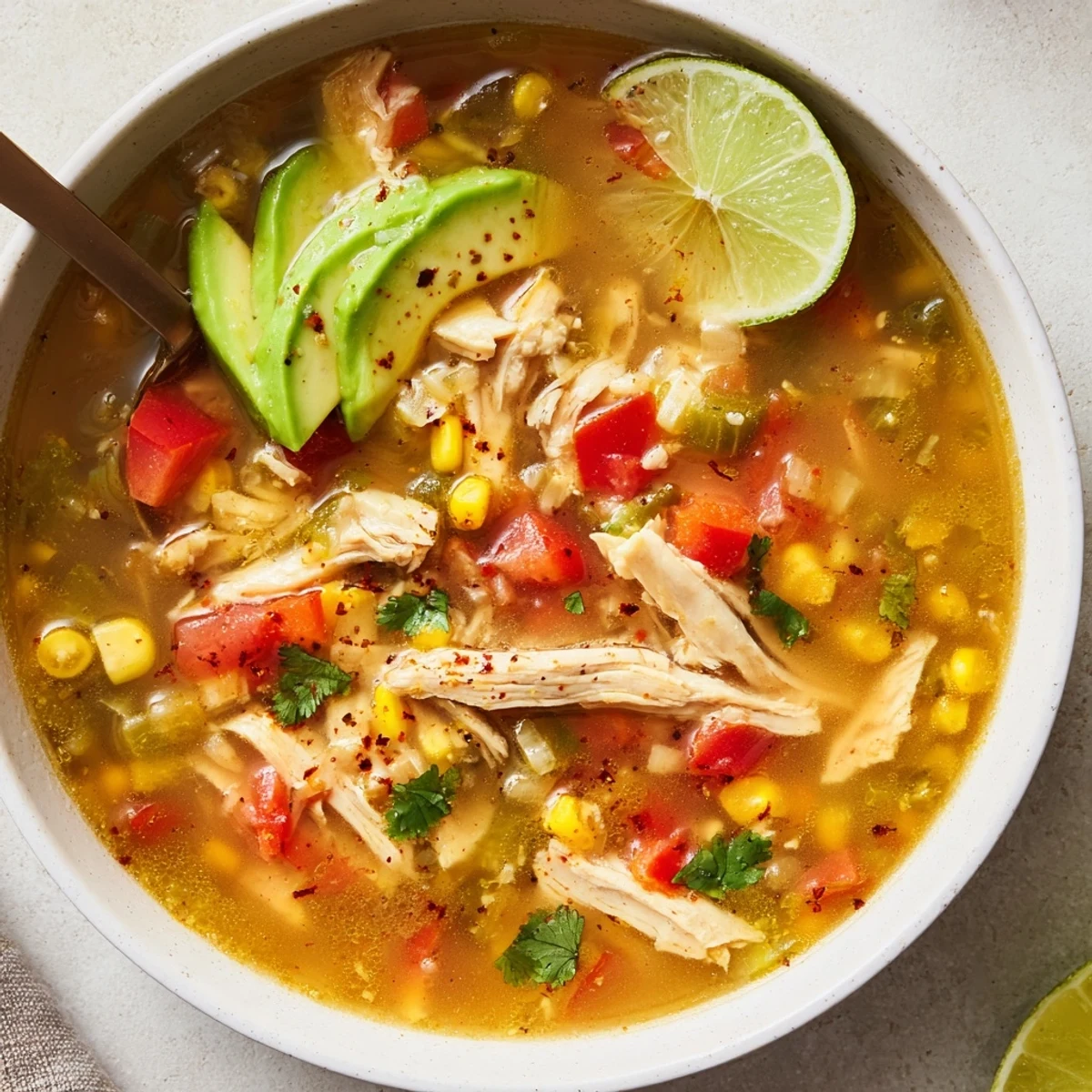 Bright, tangy Bold Zesty Chicken Lime Soup Recipe topped with sliced avocado