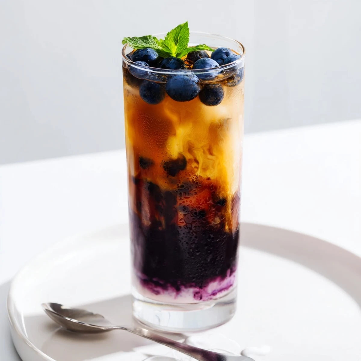 Blueberry Milk Tea Cooler in tall glass with ice, mint garnish