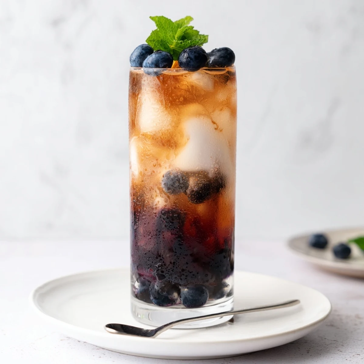 Chilled Blueberry Milk Tea Cooler showing creamy milk swirl and fresh blueberries