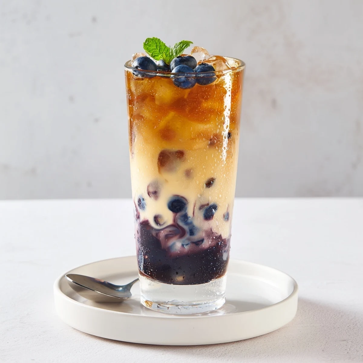 Blueberry Milk Tea Cooler poured over ice, fragrant black tea aroma