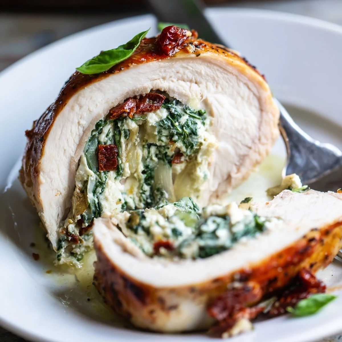 Fork tender Cheesy Spinach Stuffed Chicken Sun Dried Tomato Flavor garnished with fresh basil
