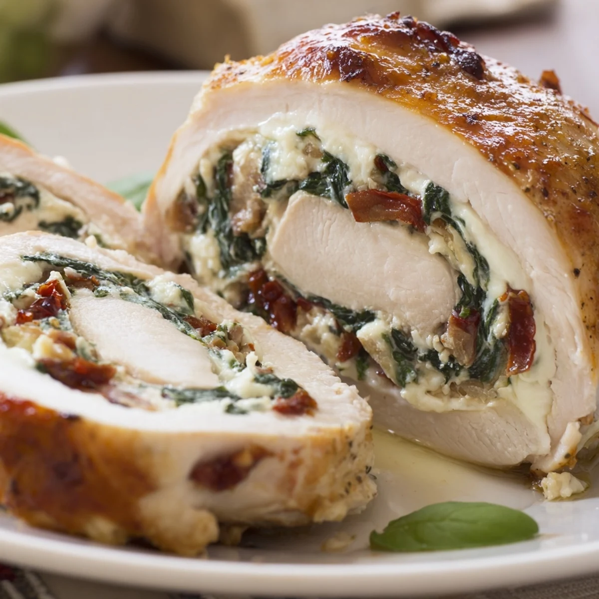 Golden seared Cheesy Spinach Stuffed Chicken Sun Dried Tomato Flavor oozing melted mozzarella