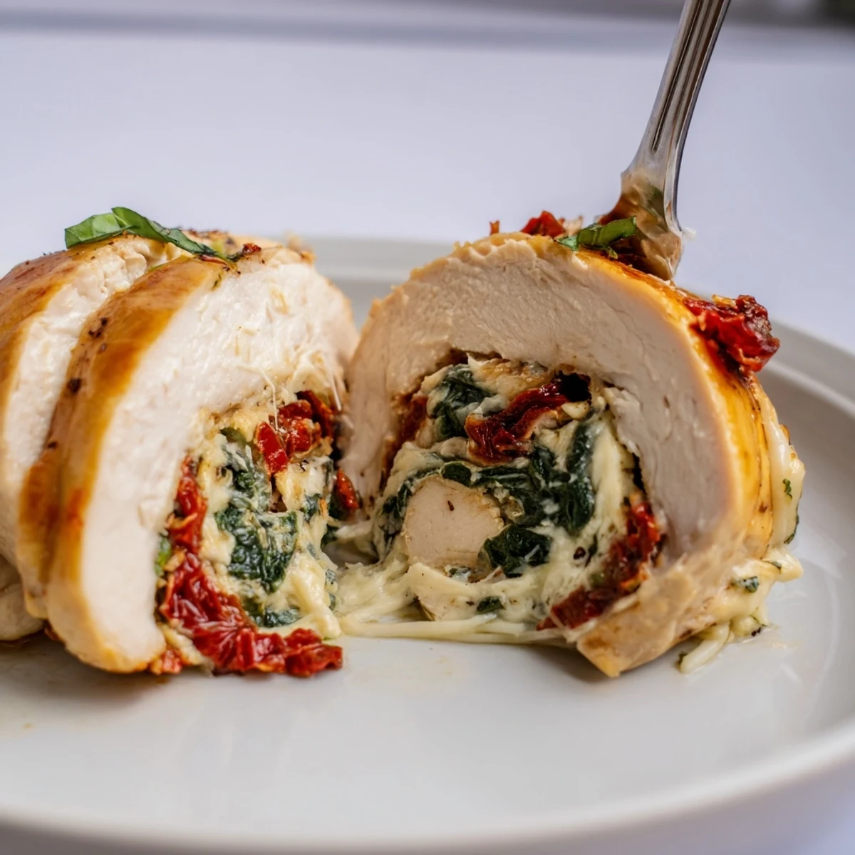 Sliced Cheesy Spinach Stuffed Chicken Sun Dried Tomato Flavor on lemony roasted potatoes