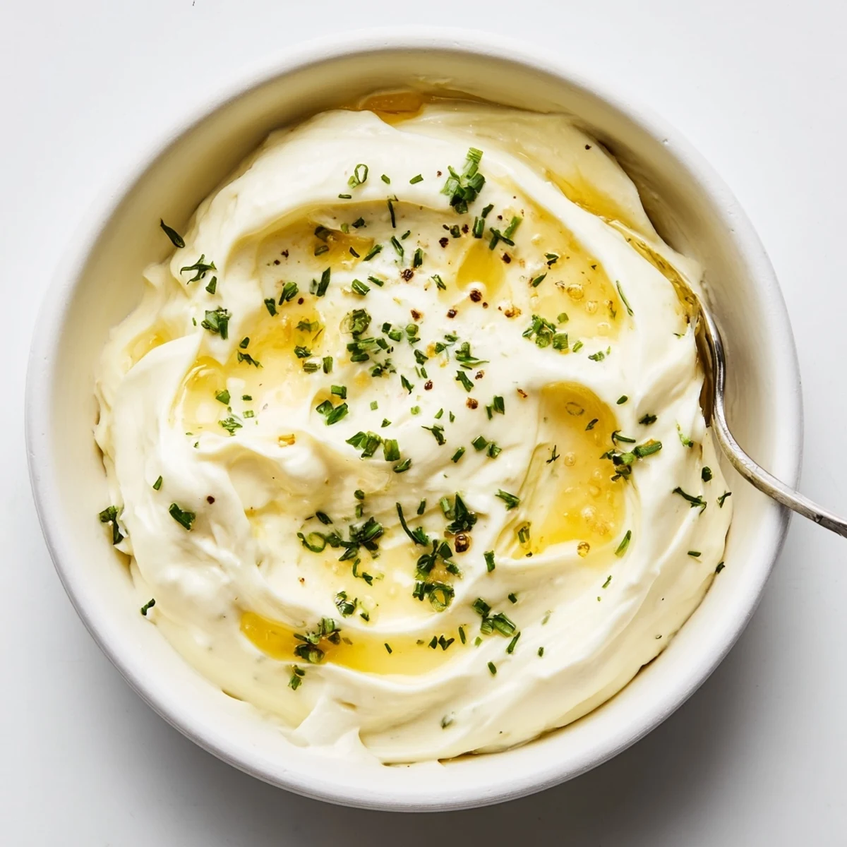 Zesty Hot Honey Ranch Dip chilled in bowl, garnished with fresh herbs