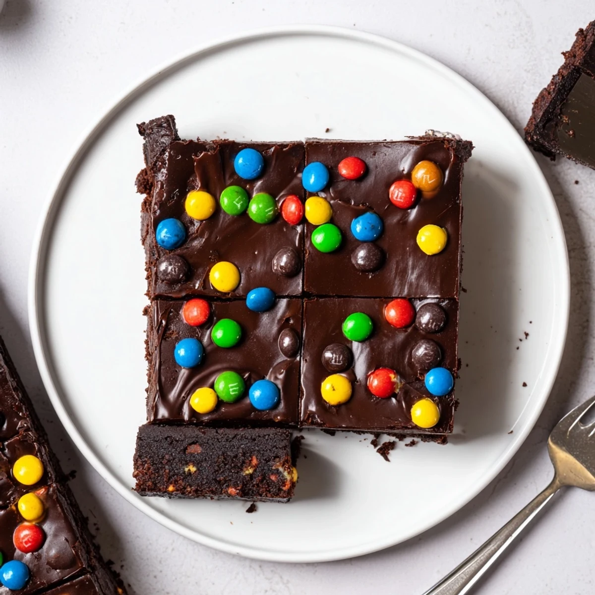 Chilled Gourmet Cosmic Brownies Bars sliced on parchment, studded with rainbow candies  
