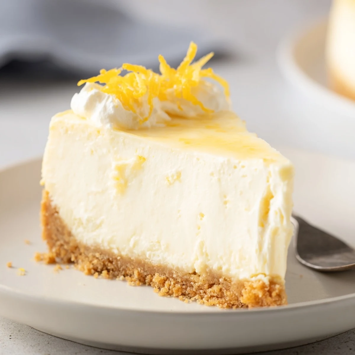 Slices of Classic Cheesecake on plate, creamy texture with a bright lemon hint