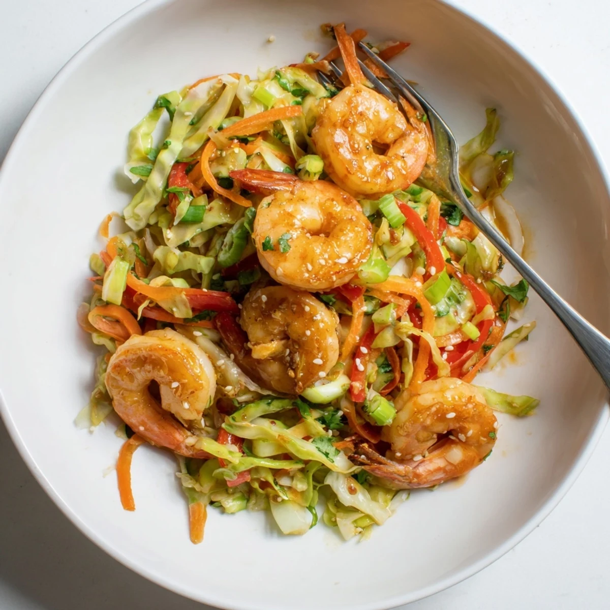 Sizzling, garlicky Delicious Asian Shrimp And Cabbage Stir Fry with crisp vegetables.