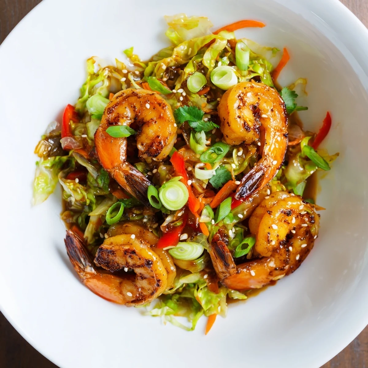 Bright, savory Delicious Asian Shrimp And Cabbage Stir Fry plated hot with rice.