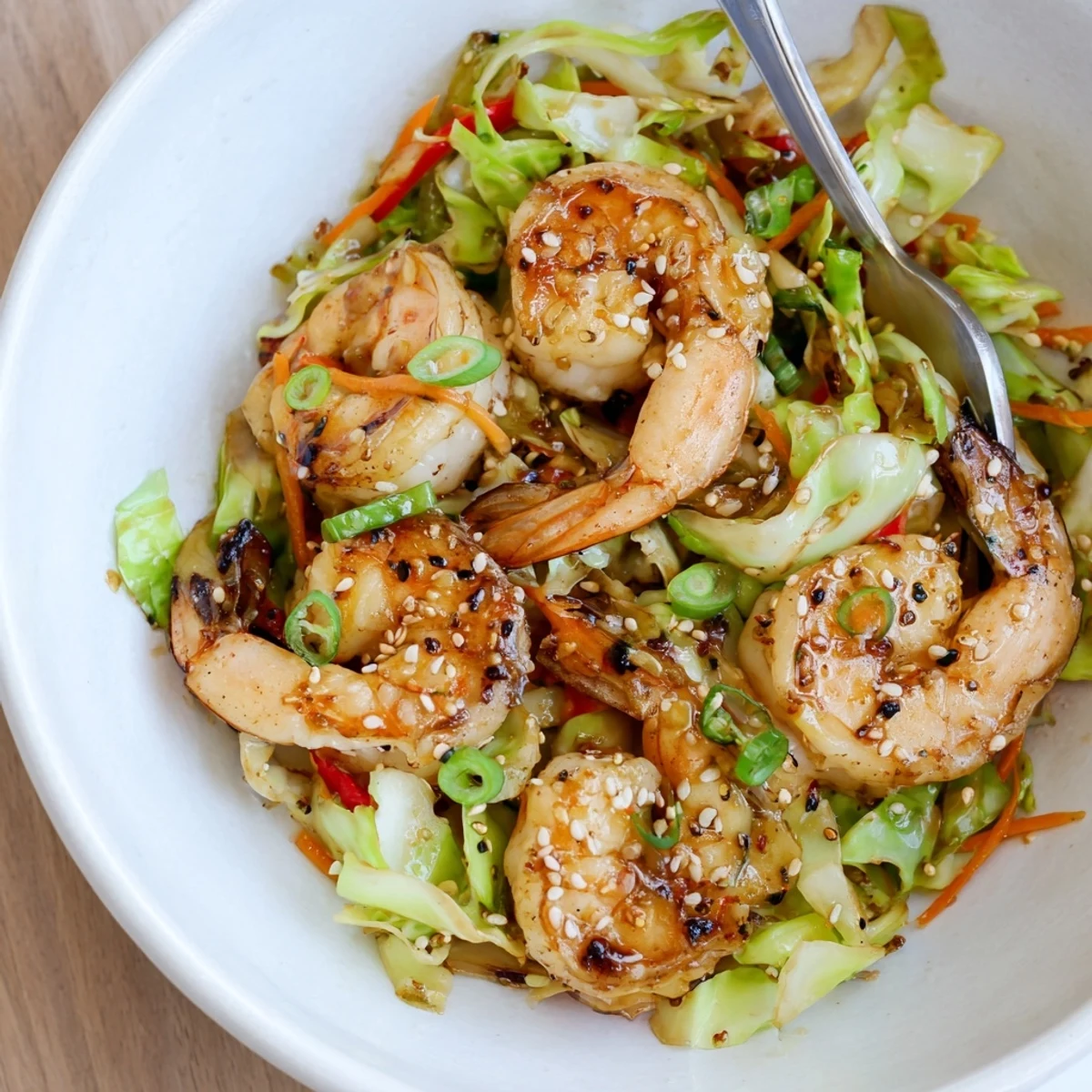 Colorful, quick weeknight Delicious Asian Shrimp And Cabbage Stir Fry tossed with sesame.
