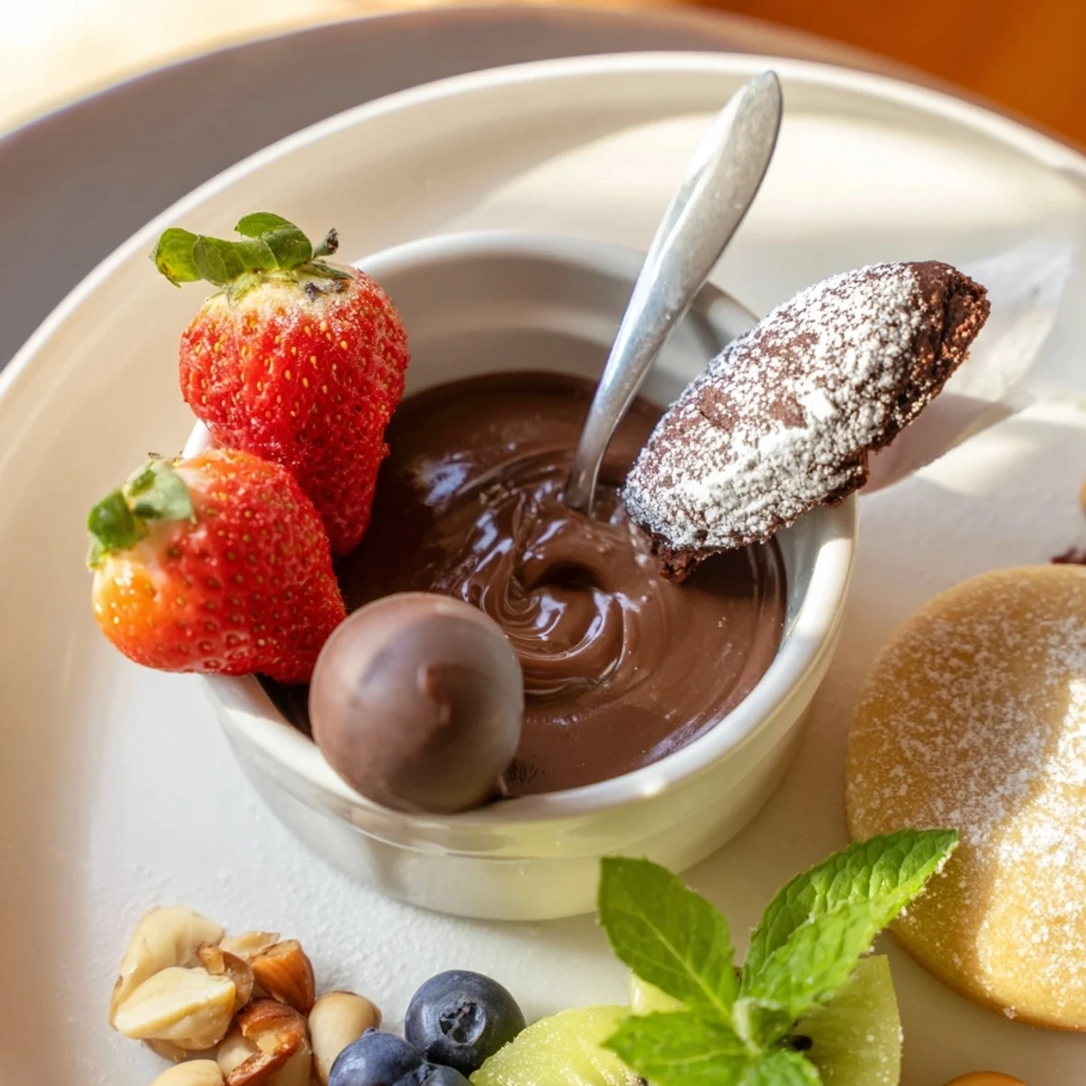 Dessert charcuterie board with colorful fruits, chocolates, and dipping sauces ready to share