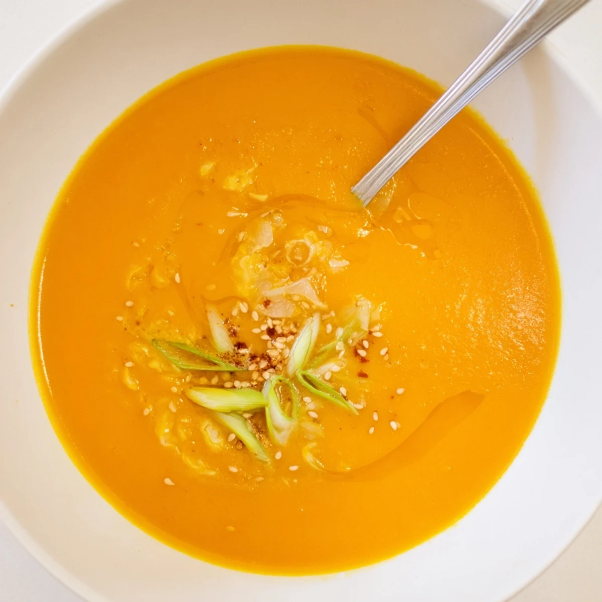 Creamy Carrot Ginger Miso Soup Recipe garnished with scallions, sesame, comforting aroma