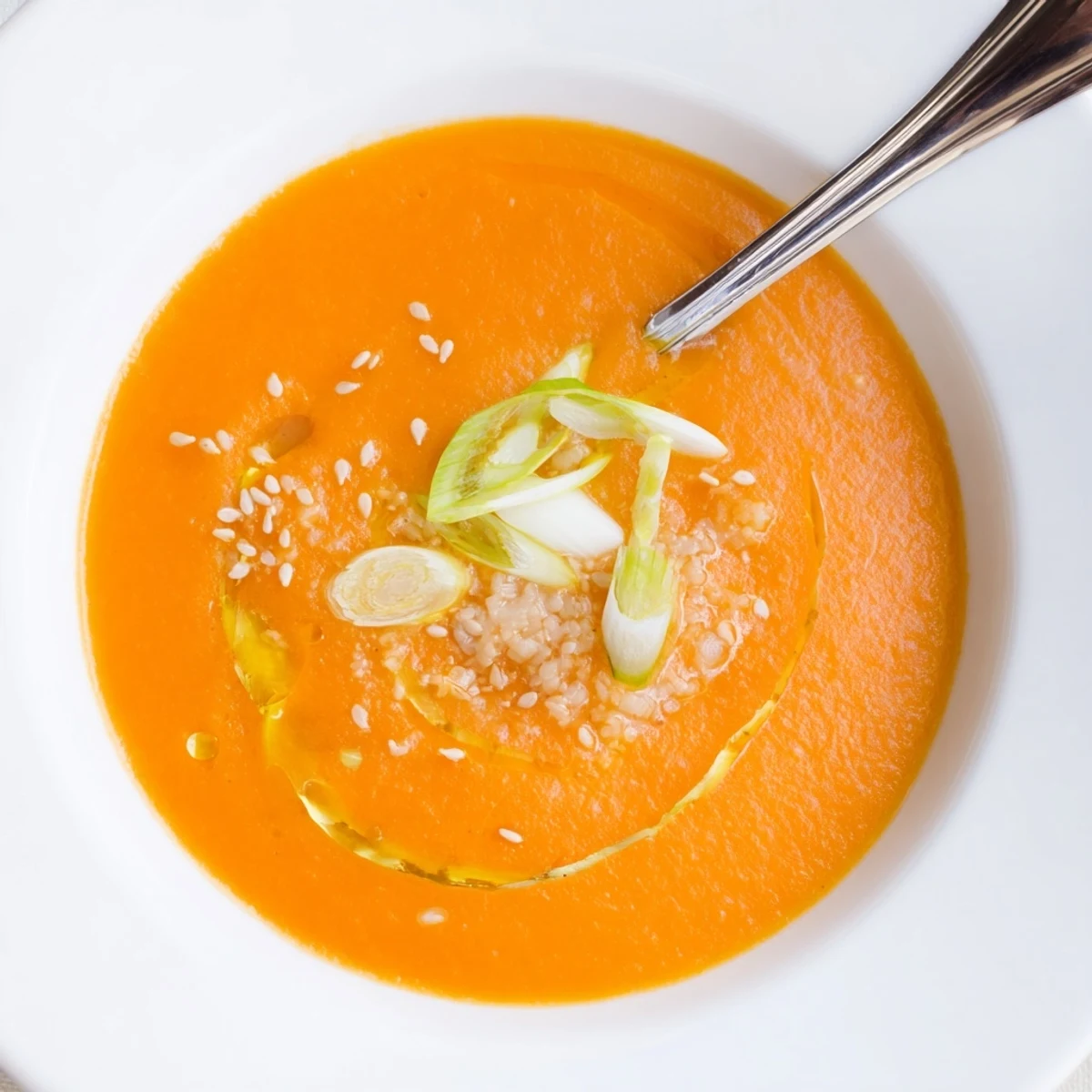 Vibrant orange Carrot Ginger Miso Soup Recipe in bowl, scallions sprinkled