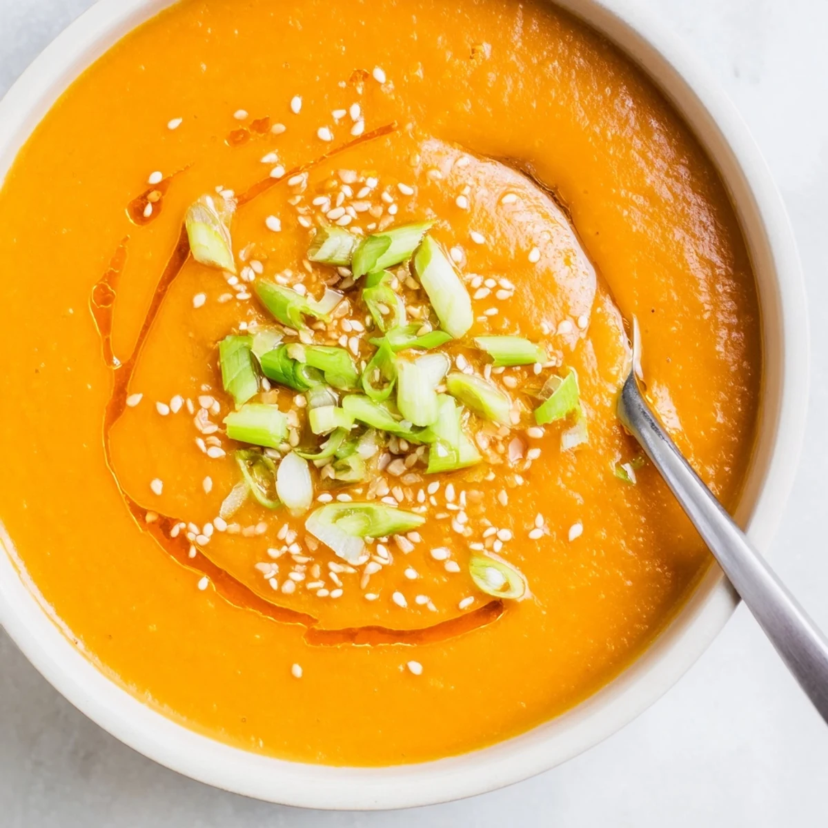 Steaming bowl of Carrot Ginger Miso Soup Recipe, silky smooth with ginger