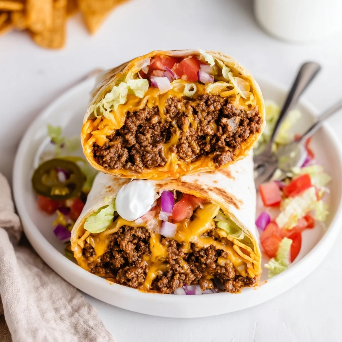 Ultimate Cheesy Beef Crunch Wraps oozing molten cheddar, toasted golden, served hot.