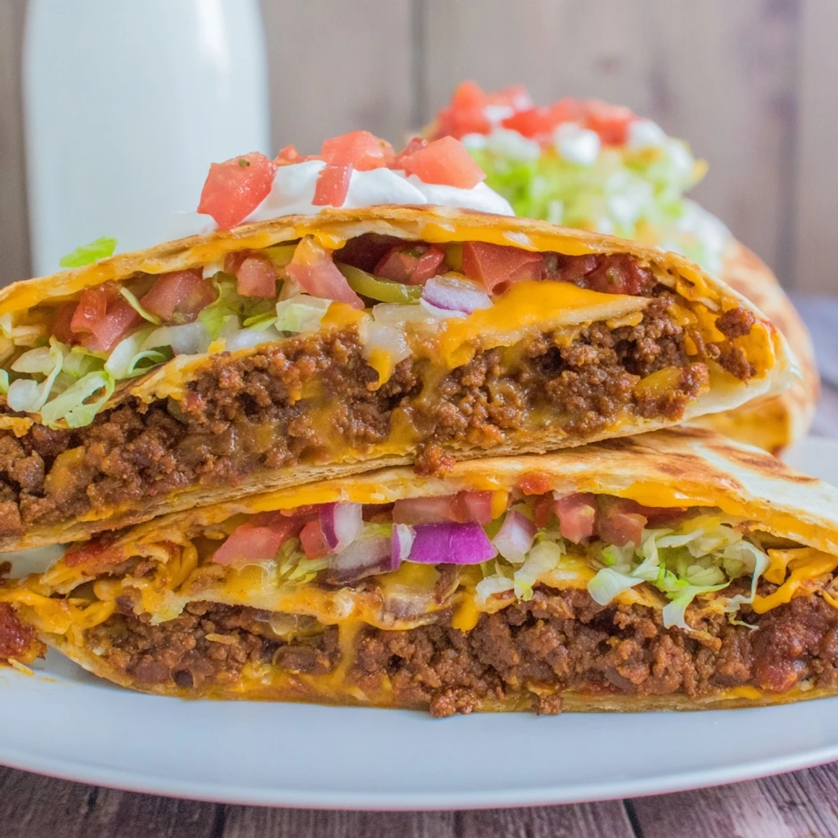 Warm Ultimate Cheesy Beef Crunch Wraps sliced in half with crisp tostada crunch.
