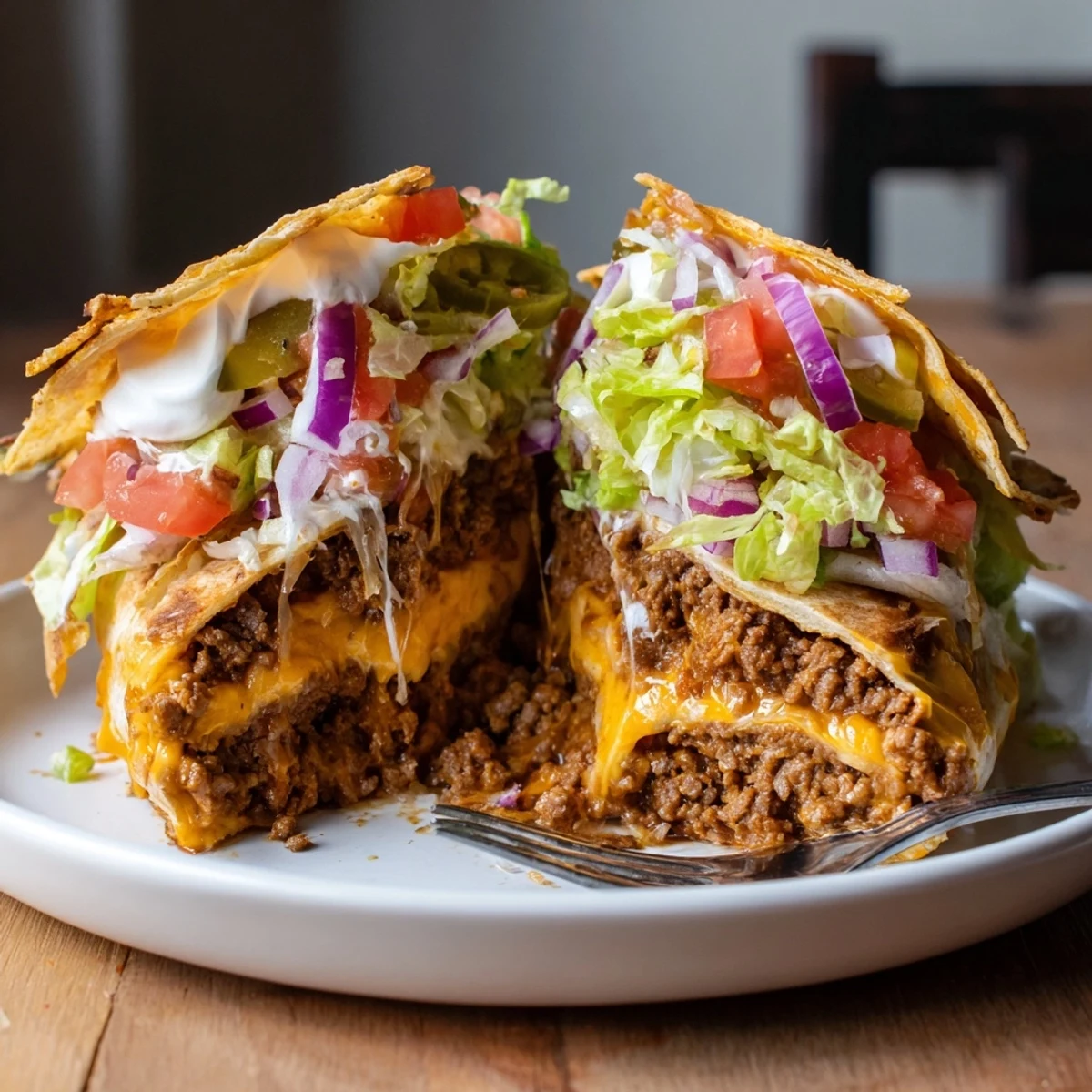 Weeknight-ready Ultimate Cheesy Beef Crunch Wraps stacked on plate with salsa and sour cream.