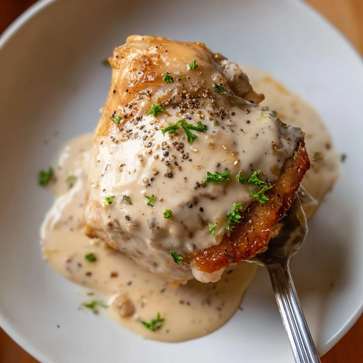 Pan seared Creamy Garlic Chicken Thighs With Herbs in silky sauce
