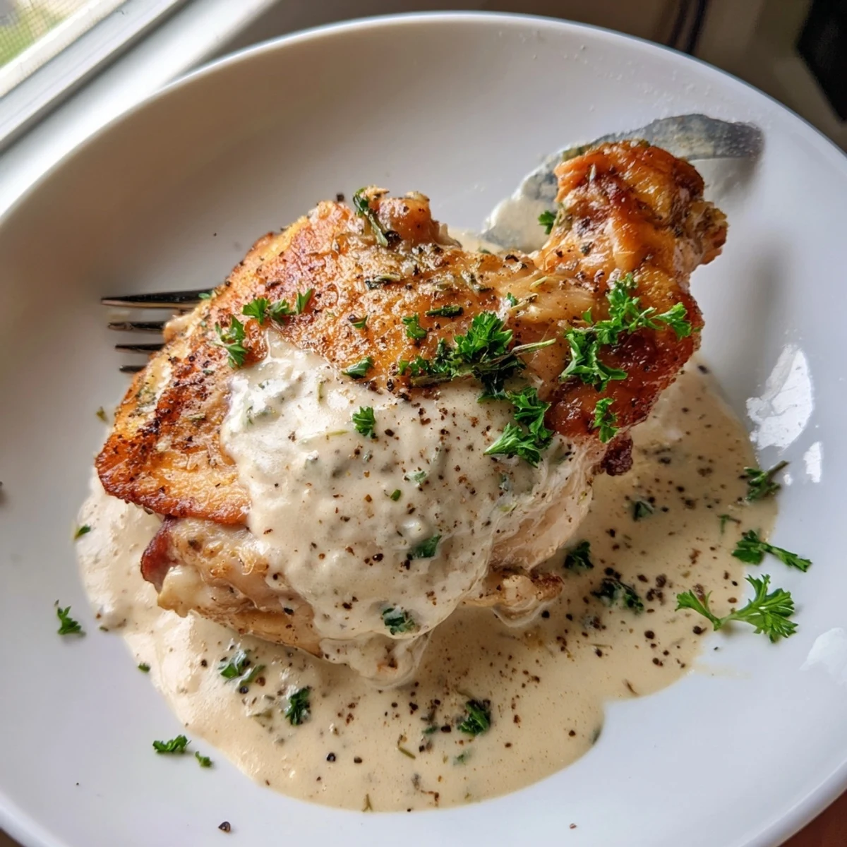 Creamy Garlic Chicken Thighs With Herbs simmering in fragrant cream, ready to serve