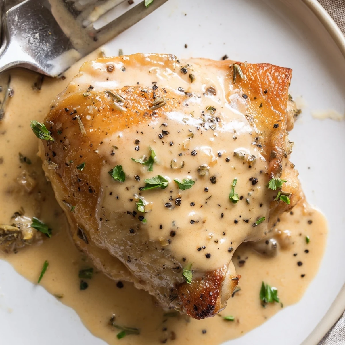 Rustic plate of Creamy Garlic Chicken Thighs With Herbs beside mashed potatoes