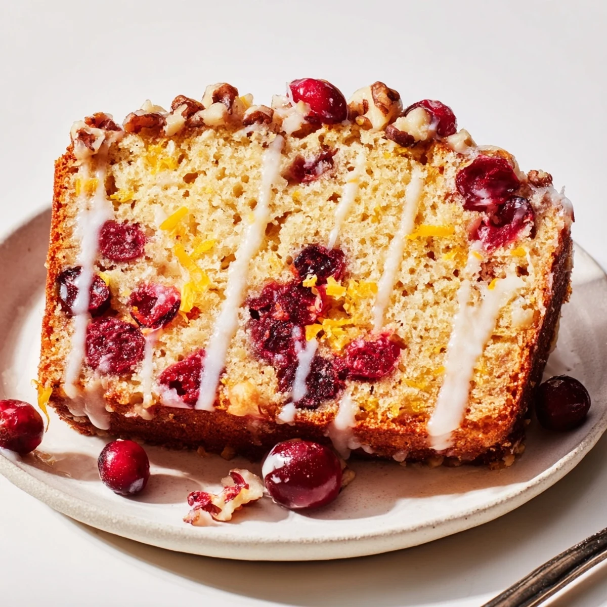 Loaf of Cranberry Orange Bread showing moist crumb, jewel-like cranberry pockets