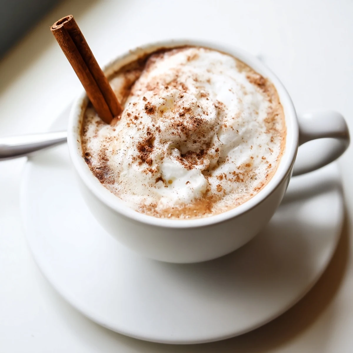 Two Cozy Winter Lattes steaming with froth, cinnamon dust and cinnamon stick.
