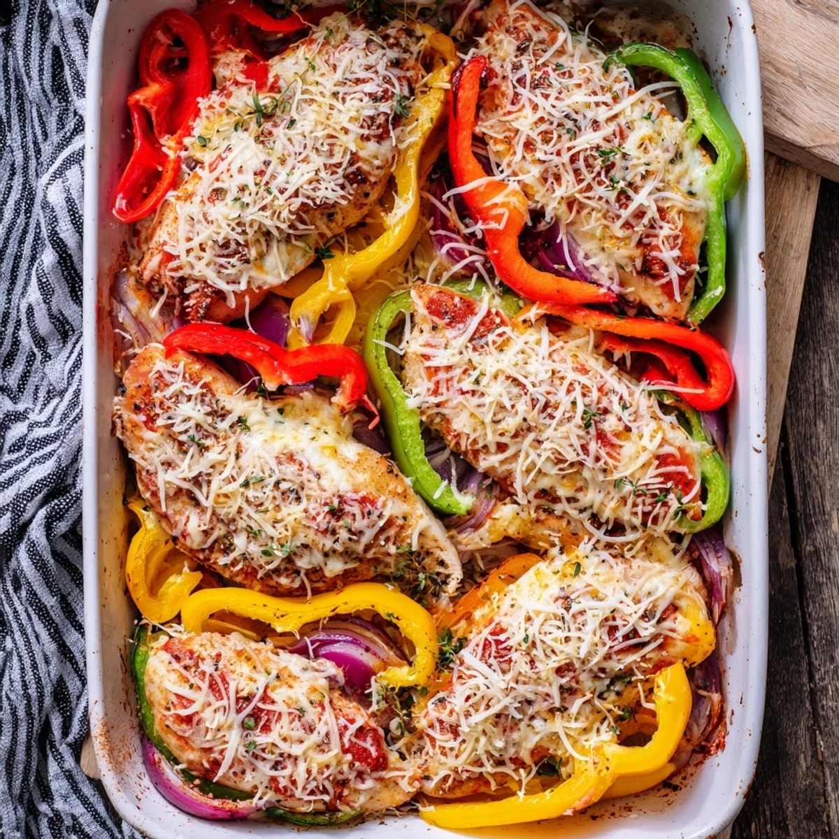 Golden cheesy baked chicken breast nestled among colorful roasted red yellow and green bell peppers