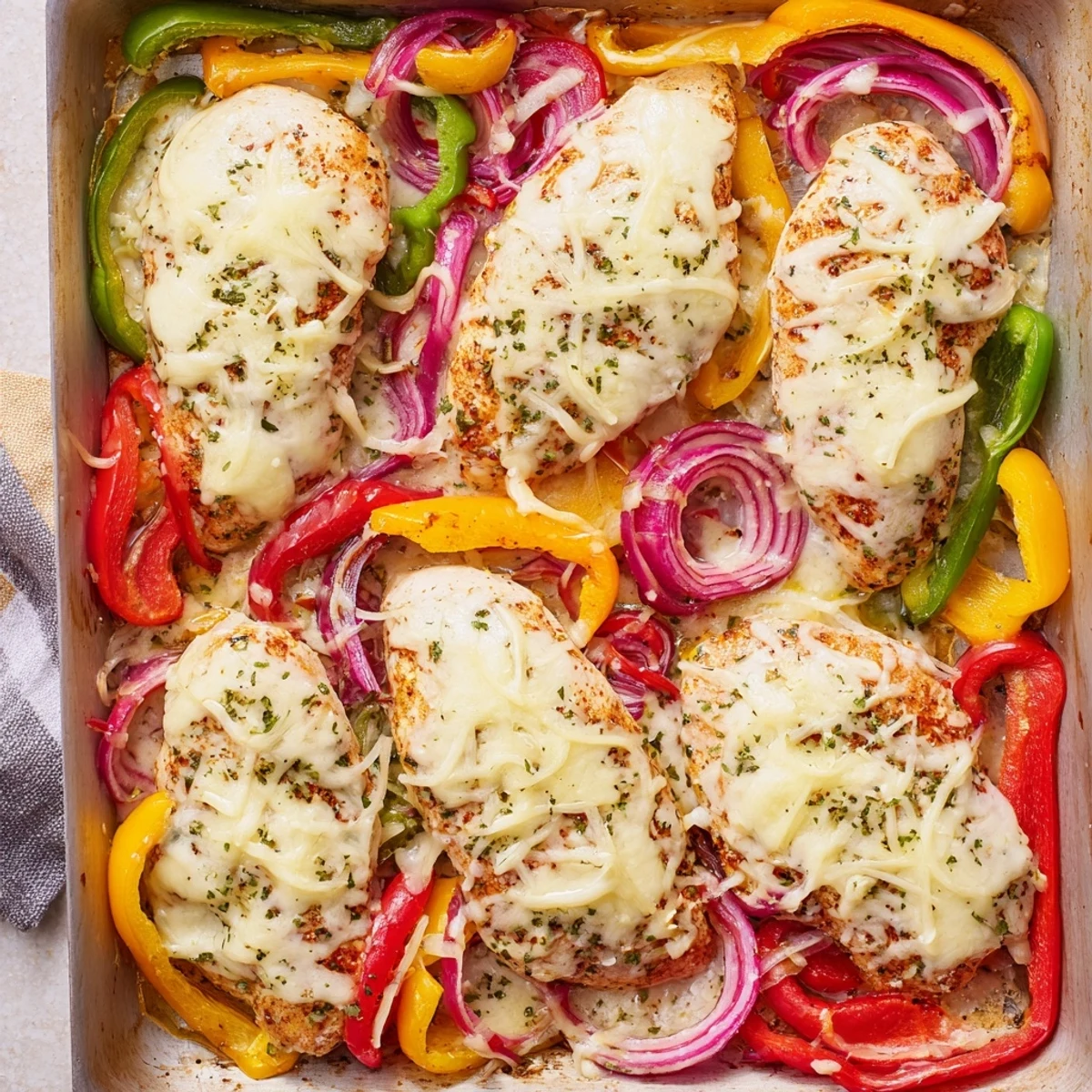 Baked chicken and peppers dish with golden brown cheese crust and tender colorful vegetables