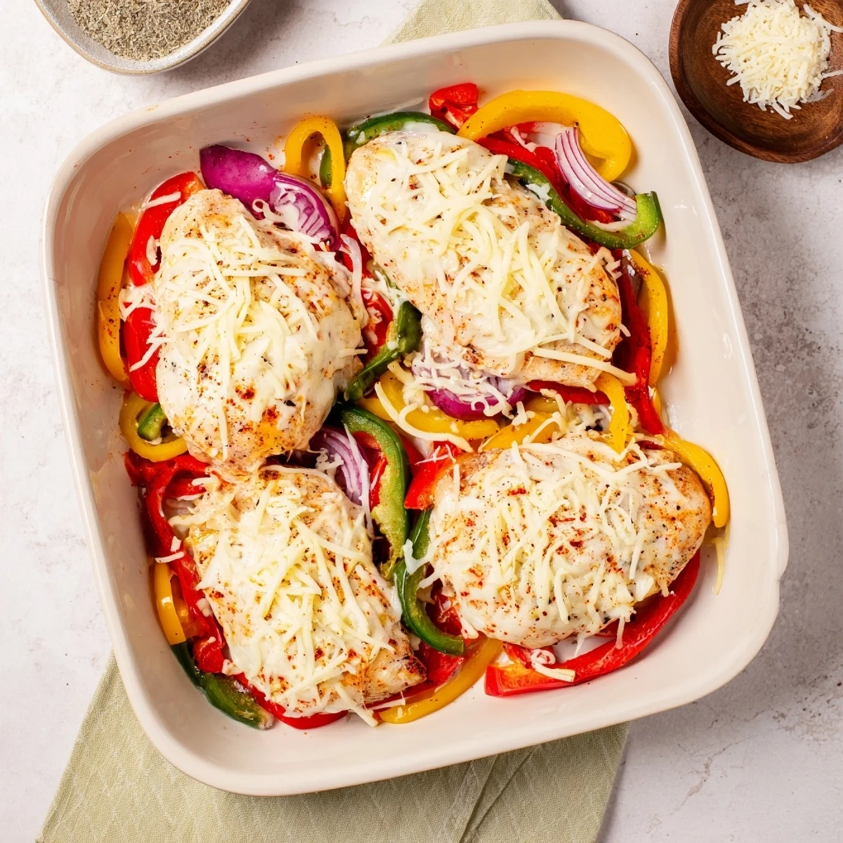 Tender chicken breasts topped with bubbling melted mozzarella and Parmesan over vibrant pepper slices