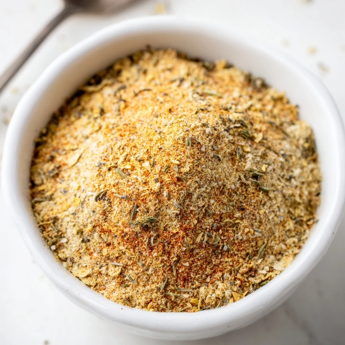 Wooden spoon scooping Vegan Chicken Seasoning For Rubs Marinades And Broth, savory aroma