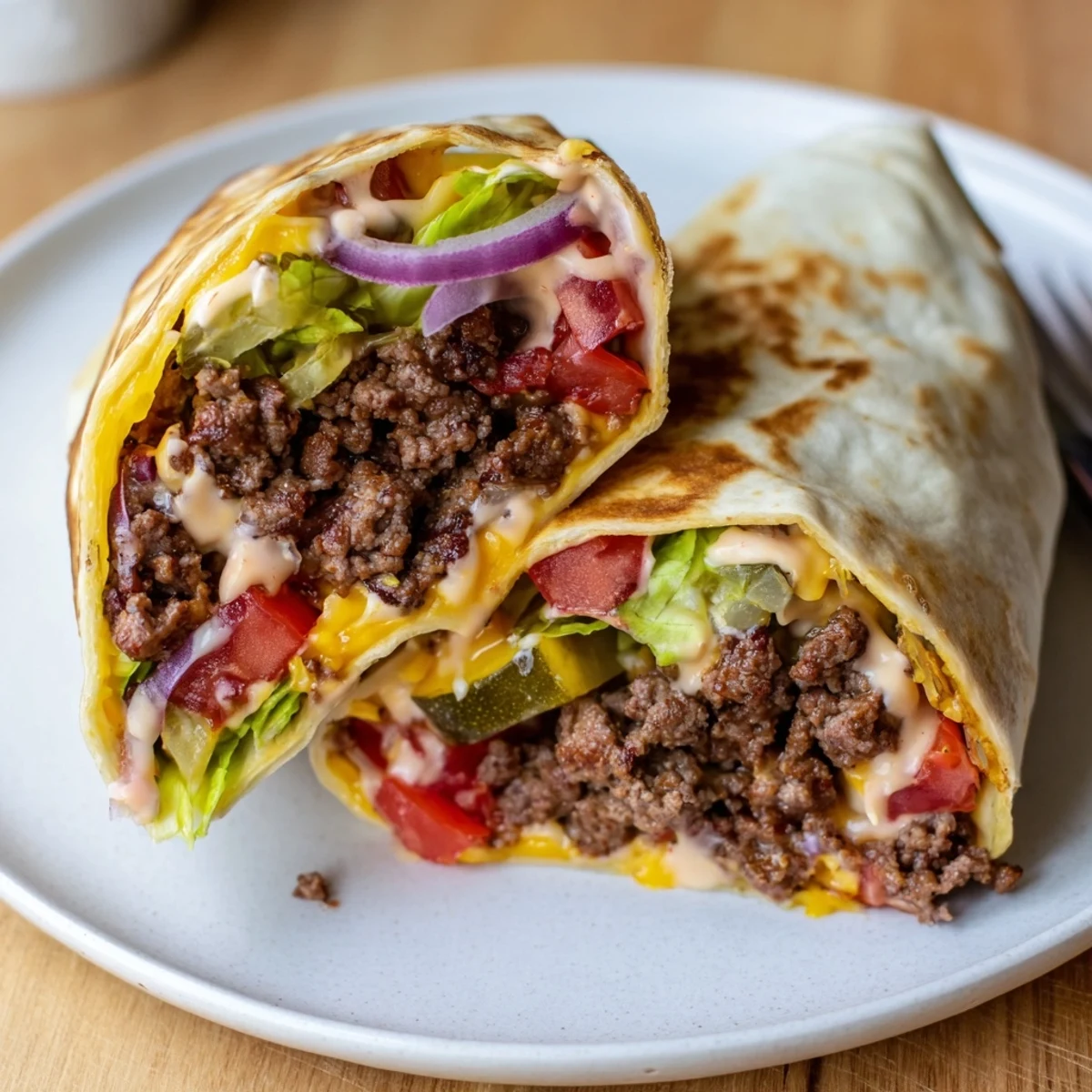 Cheeseburger Wrap Recipe with melty cheddar, juicy beef, crisp lettuce.