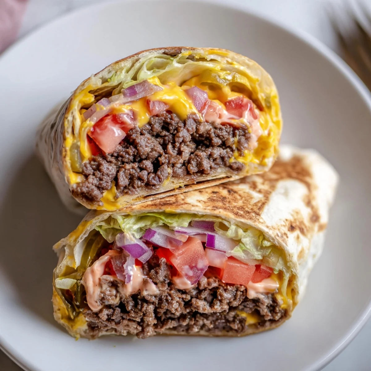Grilled Cheeseburger Wrap Recipe sliced in half, warm tortilla, tangy pickles.