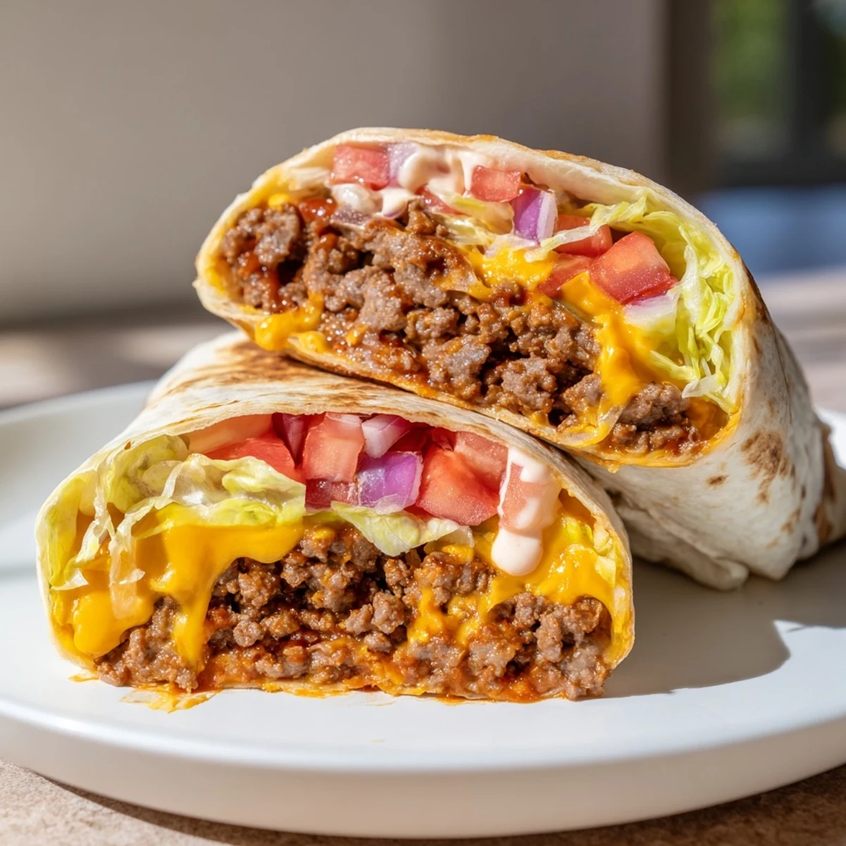 Family-style Cheeseburger Wrap Recipe ready to eat, smoky seared beef, melted cheese.
