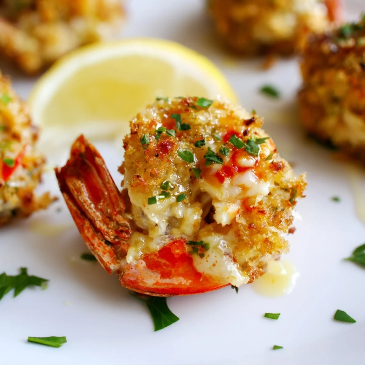 Crab Cake Stuffed Shrimp With Cowboy Butter glistening, baked, resting on lemon wedges